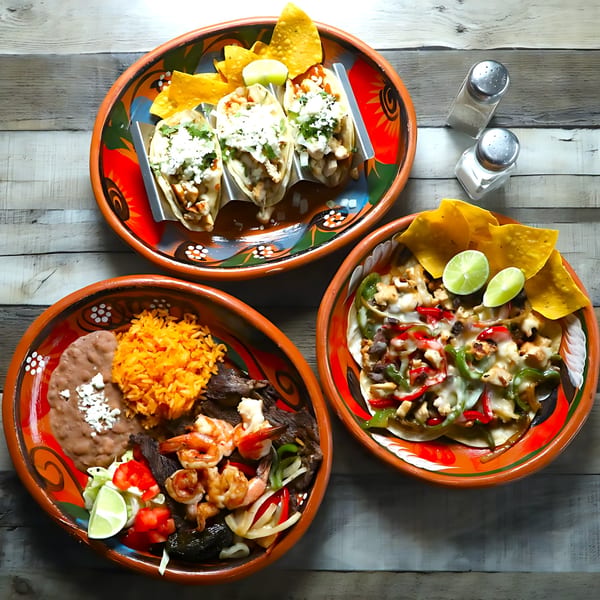 Three colorful plates of Mexican food, including tacos, fajitas, rice, beans, and shrimp.