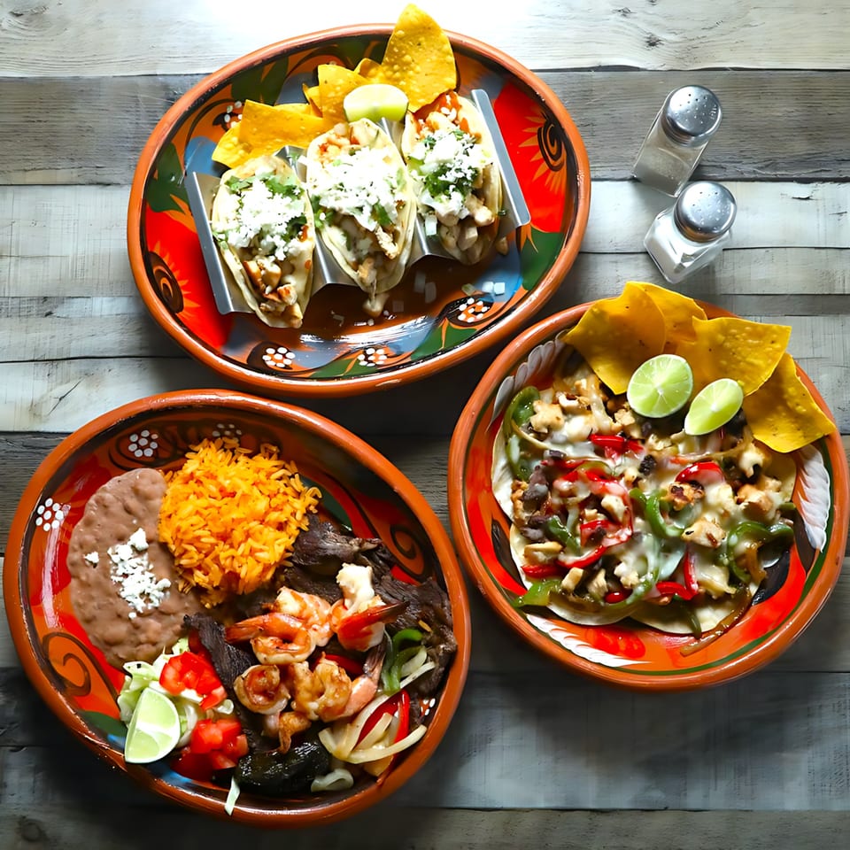 Three colorful plates of Mexican food, including tacos, fajitas, rice, beans, and shrimp.